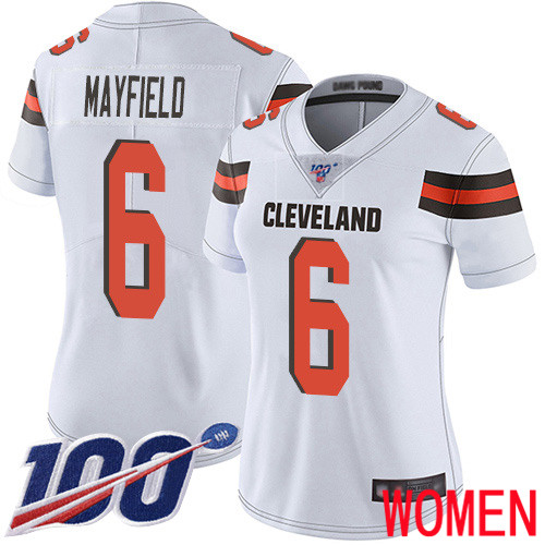 Cleveland Browns Baker Mayfield Women White Limited Jersey #6 NFL Football Road 100th Season Vapor Untouchable->women nfl jersey->Women Jersey